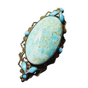 Vintage Czech Hobble Glass & Enamel Brass Brooch (A1637)